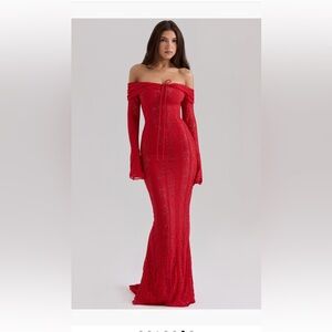 House of CB Red Off-Shoulder Long Sleeve Dress